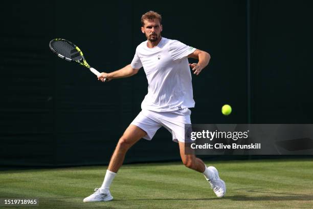 Oscar Otte of Germany plays a forehand against Daniel Elahi Galan of Colombia in the Men's Singles second round match during day four of The...