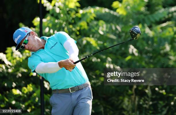 Ricky Barnes of the United States plays his shot from the second tee during the first round of the John Deere Classic at TPC Deere Run on July 06,...