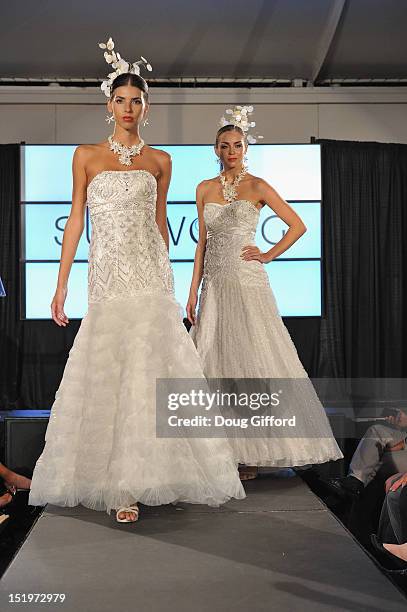 Models walk the runway at the 2012 Sue Wong "Autumn Sonata" collection Fashion Show during the sixth annual Designer Runway event on September 13,...