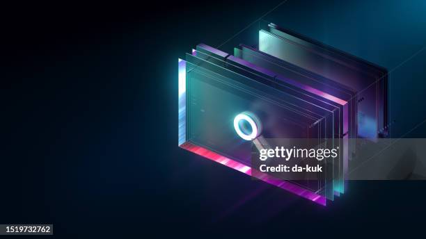 search engine concept background. a look into the future of ai search. digital loupe icon processing search requests. modern web3 colours. cgi 3d render - discovery abstract stock pictures, royalty-free photos & images