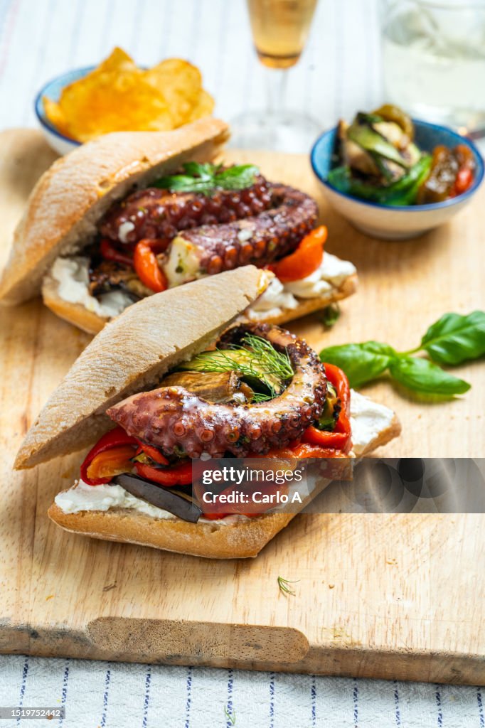 Octopus Tentacles and grilled vegetables in Sandwich