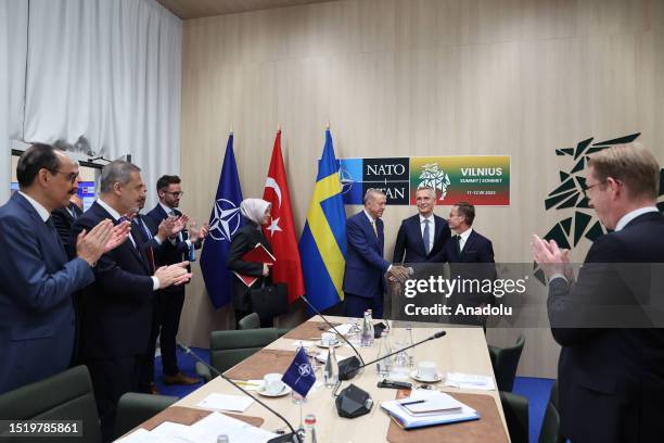 Turkish President Recep Tayyip Erdogan meets The North Atlantic Treaty Organization Secretary General Jens Stoltenberg and Swedish Prime Minister Ulf...