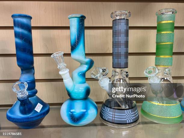 Glass bongs displayed in a shop selling cannabis and marijuana paraphernalia in Toronto, Ontario, Canada.