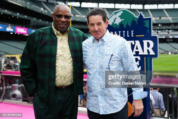 Manager Dusty Baker of the Houston Astros and Manager Rob Thomson of the Philadelphia Phillies pose during the MLB All-Star Game presented by...