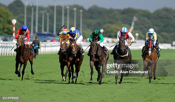 Eddie Ahern riding Times Up win The Stobart Doncaster Cup at Doncaster racecourse on September 14, 2012 in Doncaster, England.