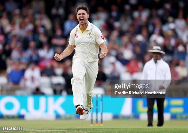 Mitchell Marsh of Australia celebrates dismissing Zak Crawley of England during Day One of the LV= Insurance Ashes 3rd Test Match between England and...