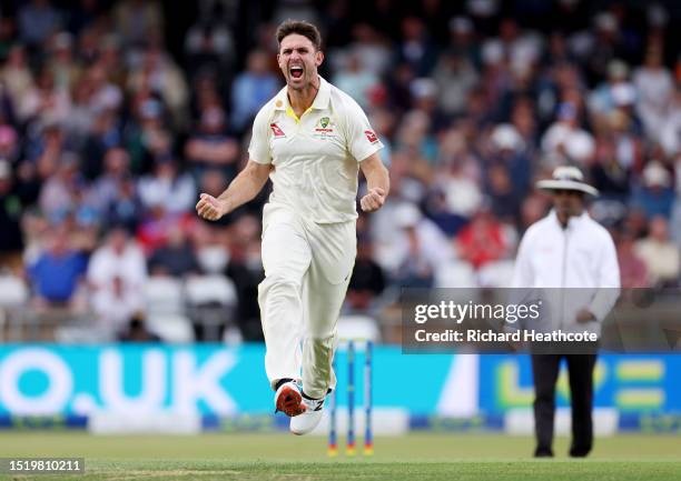 Mitchell Marsh of Australia celebrates dismissing Zak Crawley of England during Day One of the LV= Insurance Ashes 3rd Test Match between England and...