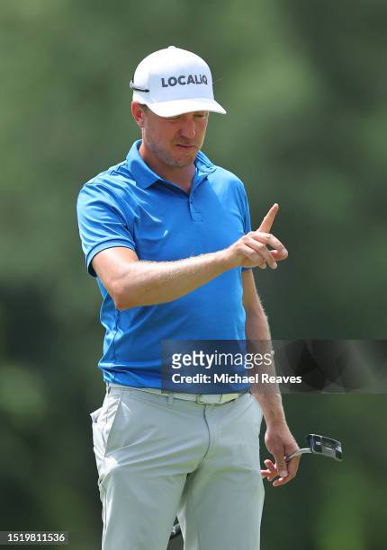 Jonas Blixt of Sweden lines up a putt on the 17th green during the first round of the John Deere Classic at TPC Deere Run on July 06, 2023 in Silvis,...