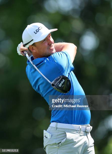 Jonas Blixt of Sweden plays his shot from the 15th tee during the first round of the John Deere Classic at TPC Deere Run on July 06, 2023 in Silvis,...