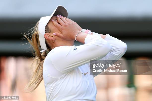 Donna Vekic of Croatia reacts after winning match point against Sloane Stephens of United States in the Women's Singles second round match during day...