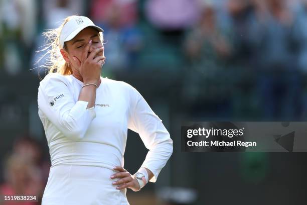 Donna Vekic of Croatia reacts after winning match point against Sloane Stephens of United States in the Women's Singles second round match during day...