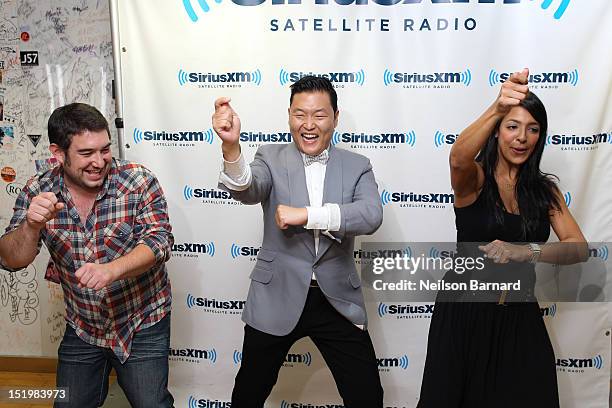 South Korean rapper Park Jae-Sang aka Psy teaches The Morning Mash Up's Ryan Sampson and Nicole Biggins how to "Gangnam Style" at the SiriusXM...