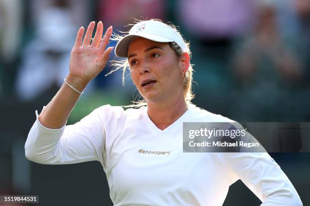 Donna Vekic of Croatia reacts after winning match point against Sloane Stephens of United States in the Women's Singles second round match during day...