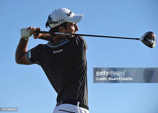 Edoardo Molinari of Italy plays a shot during the second round of the BMW Italian open at Royal Park Golf & Country Club on September 14, 2012 in...