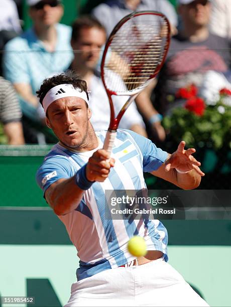 Juan Monaco retunrs the ball to Tomas Bedtch during the second Davis Cup semi-final match between Argentina and Czech Republic at Mary Teran de...