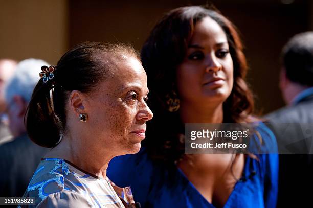 Lonnie Ali and Laila Ali take part in a panel discussion prior to the 2012 Liberty Medal Ceremony at the National Constitution Center on September...