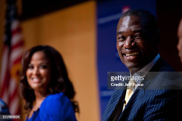 Dikembe Mutombo and Laila Ali take part in a panel discussion prior to the 2012 Liberty Medal Ceremony at the National Constitution Center on...