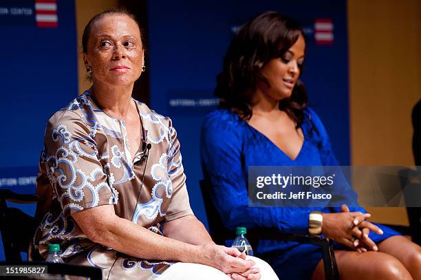 Lonnie Ali and Laila Ali take part in a panel discussion prior to the 2012 Liberty Medal Ceremony at the National Constitution Center on September...