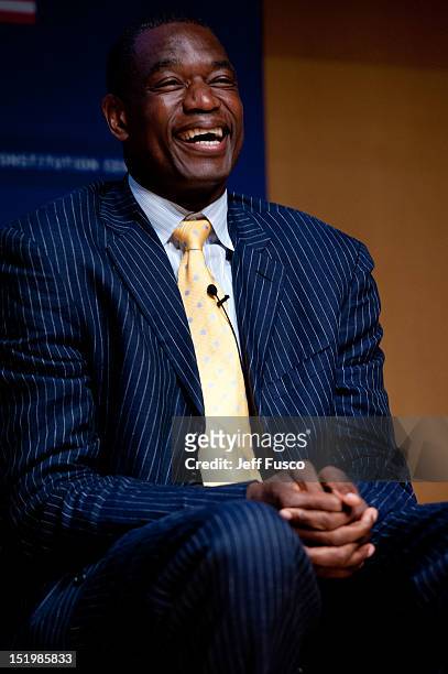 Dikembe Mutombo takes part in a panel discussion prior to the 2012 Liberty Medal Ceremony at the National Constitution Center on September 13, 2012...
