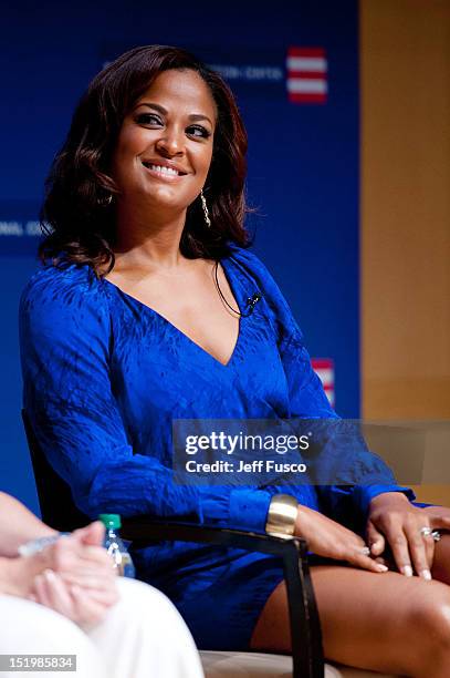 Laila Ali takes part in a panel discussion prior to the 2012 Liberty Medal Ceremony at the National Constitution Center on September 13, 2012 in...