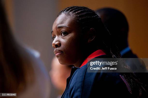 Olympic Female Boxing Gold Medalist Claressa Shields takes part in a panel discussion prior to the 2012 Liberty Medal Ceremony at the National...