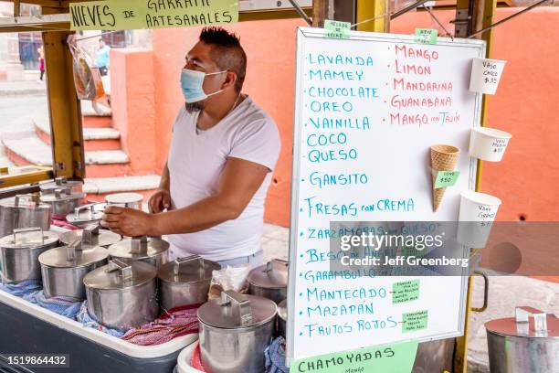 San Miguel de Allende, Guanajuato, Mexico, street food, artisanal ice cream with tropical exotic flavors mamey, sapote, coconut, lavender, mango,...