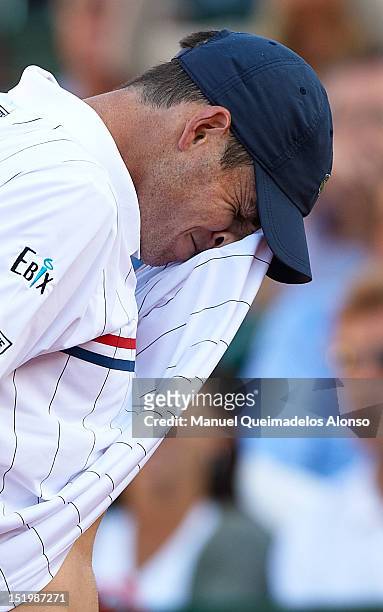 John Isner of the United States reacts during day one of the semi final Davis Cup between Spain and the United States at the Parque Hermanos Castro...