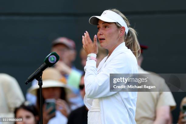 Donna Vekic of Croatia reacts after winning match point against Sloane Stephens of United States in the Women's Singles second round match during day...