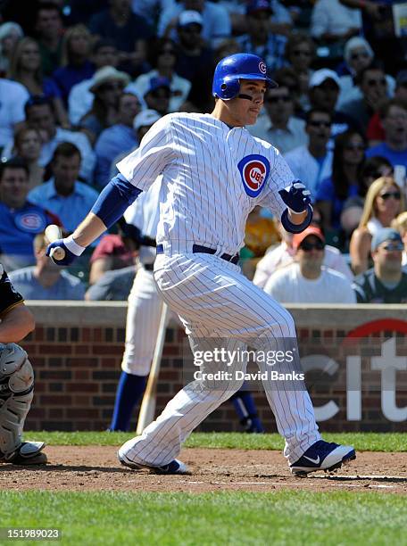 Anthony Rizzo of the Chicago Cubs hits a two-RBI double in the fourth inning against the Pittsburgh Pirates on September 14, 2012 at Wrigley Field in...