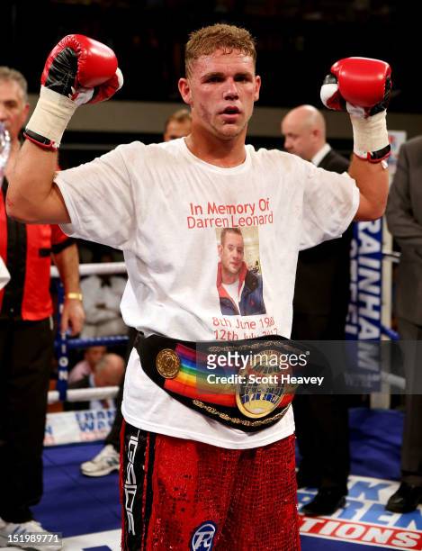 Billy Joe Saunders celebrates his victory over Jarrod Fletcher during the Commonwealth Middleweight Championship bout between Billy Joe Saunders of...