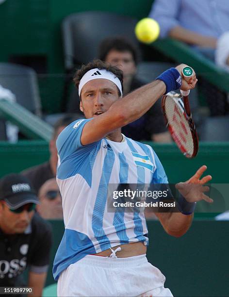 Juan Monaco of Argentina plays a shot during the second Davis Cup semi-final match between Argentina and Czech Republic at Mary Teran de Weiss...