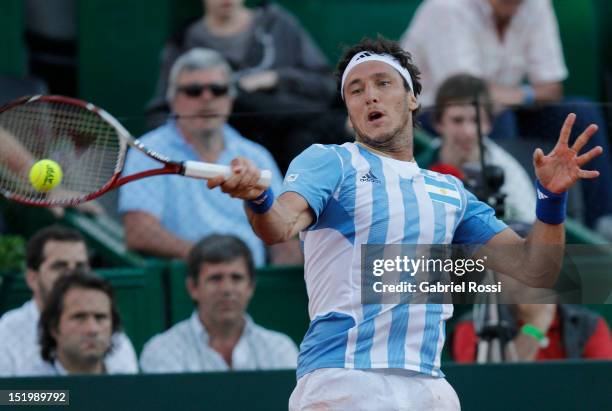 Juan Monaco of Argentina plays a shot during the second Davis Cup semi-final match between Argentina and Czech Republic at Mary Teran de Weiss...