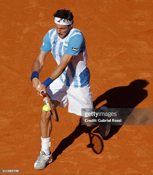 Juan Monaco of Argentina plays a shot during the second Davis Cup semi-final match between Argentina and Czech Republic at Mary Teran de Weiss...