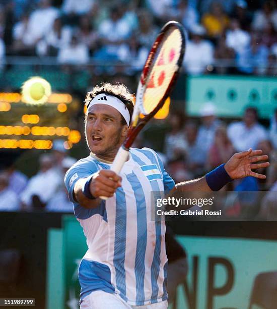 Juan Monaco of Argentina plays a shot during the second Davis Cup semi-final match between Argentina and Czech Republic at Mary Teran de Weiss...