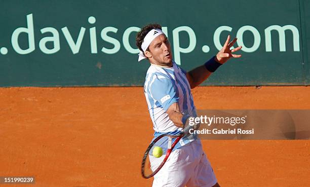 Juan Monaco of Argentina in action during the second Davis Cup semi-final match between Argentina and Czech Republic at Mary Teran de Weiss Stadium...