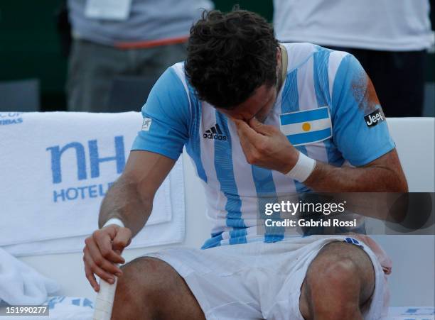 Juan Monaco of Argentina laments after being defeated by Tomas Berdych in the second Davis Cup semi-final match between Argentina and Czech Republic...