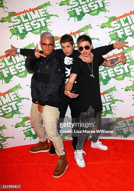 Singers Stan Walker, Johnny Ruffo and Reece Mastin pose on the media wall ahead of the Nickelodeon Slimefest 2012 matinee show at Hordern Pavilion on...