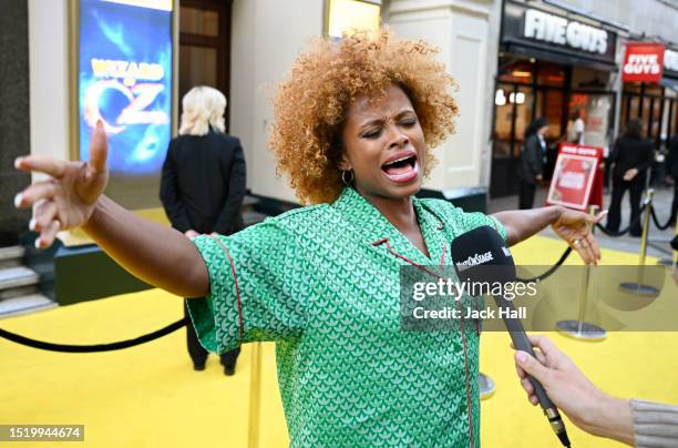 Fleur East sings during her WhatsOnStage interview at "The Wizard Of Oz" Opening Gala at London Palladium on July 06, 2023 in London, England.