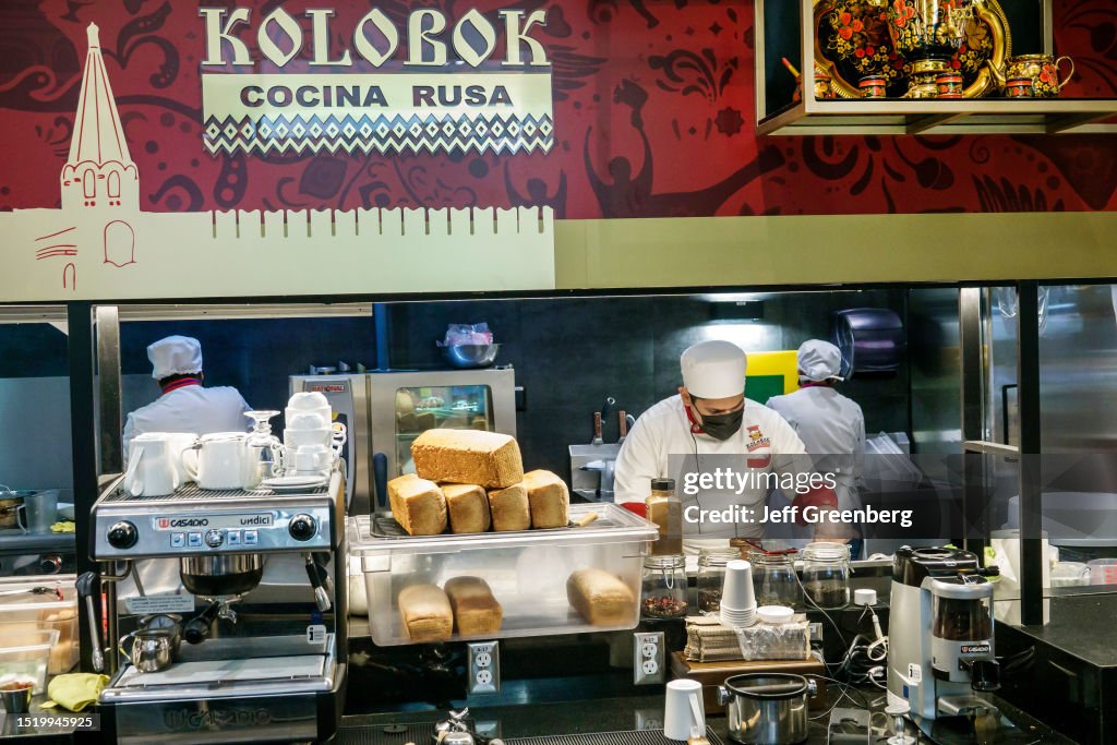 Mexico City, Mexico, Polanco, El Palacio de Hierro, luxury department store, food court, Kolobok Russian cuisine, chef cooking