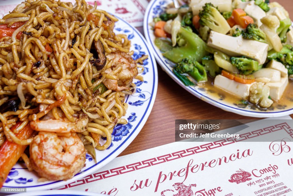 Mexico City, Mexico, Barrio Chino, Chinatown, plate of shrimp lo mein, vegetables