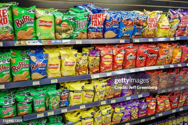 Mexico City, Mexico, Anzures, Gomart convenance store, snacks food chips, Ruffles Sabritas, bags.