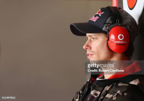 Australian MotoGP rider Casey Stoner looks on in the Team Vodafone garage during qualifying for the Sandown 500, which is round 10 of the V8...