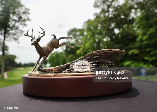 The John Deere Classic trophy is seen on the course during the first round of the John Deere Classic at TPC Deere Run on July 06, 2023 in Silvis,...