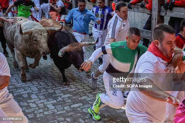 Runners called "mozos" run in front of the fighting bulls of the Fuente Ymbro cattle ranch, in the fourth running of the bulls of the San Fermin...