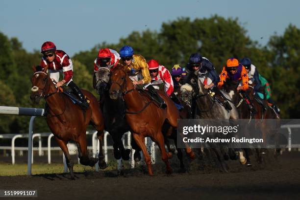 Rhys Clutterbuck riding Two Tempting to victory in the Unibet Support Safe Gambling Handicap at Kempton Park on July 06, 2023 in Sunbury, England.