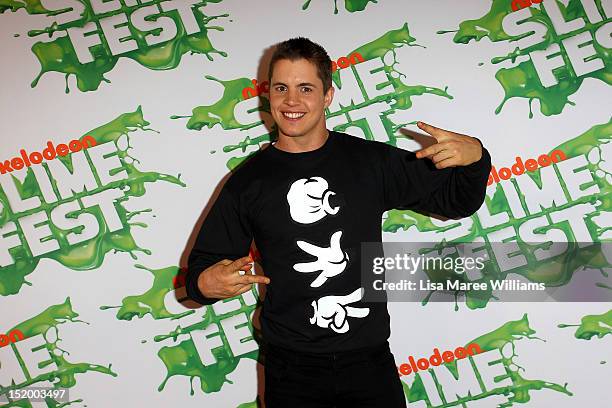 Singer Johnny Ruffo poses on the media wall ahead of the Nickelodeon Slimefest 2012 evening show at Hordern Pavilion on September 15, 2012 in Sydney,...