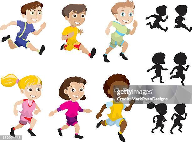 ilustraciones, imágenes clip art, dibujos animados e iconos de stock de esprint niños - track and field