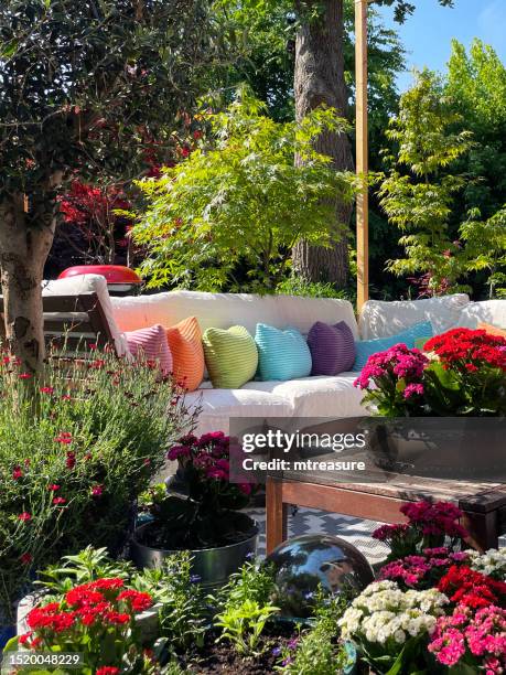full frame image of outdoor lounging area in summer, hardwood seating with cushions, wooden table top with flowering plant centrepiece, bonsai trees, japanese maples, stone lantern, landscaped oriental design garden, sunny day, focus on foreground - bamboo bonsai stock pictures, royalty-free photos & images