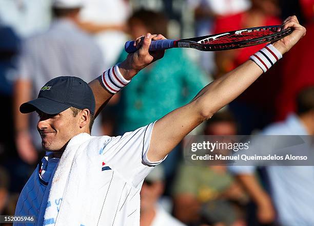 John Isner of the United States reacts during day one of the semi final Davis Cup between Spain and the United States at the Parque Hermanos Castro...