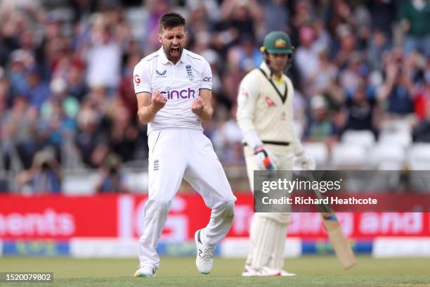 Mark Wood of England celebrates dismissing Australia captain Pat Cummins during Day One of the LV= Insurance Ashes 3rd Test Match between England and...